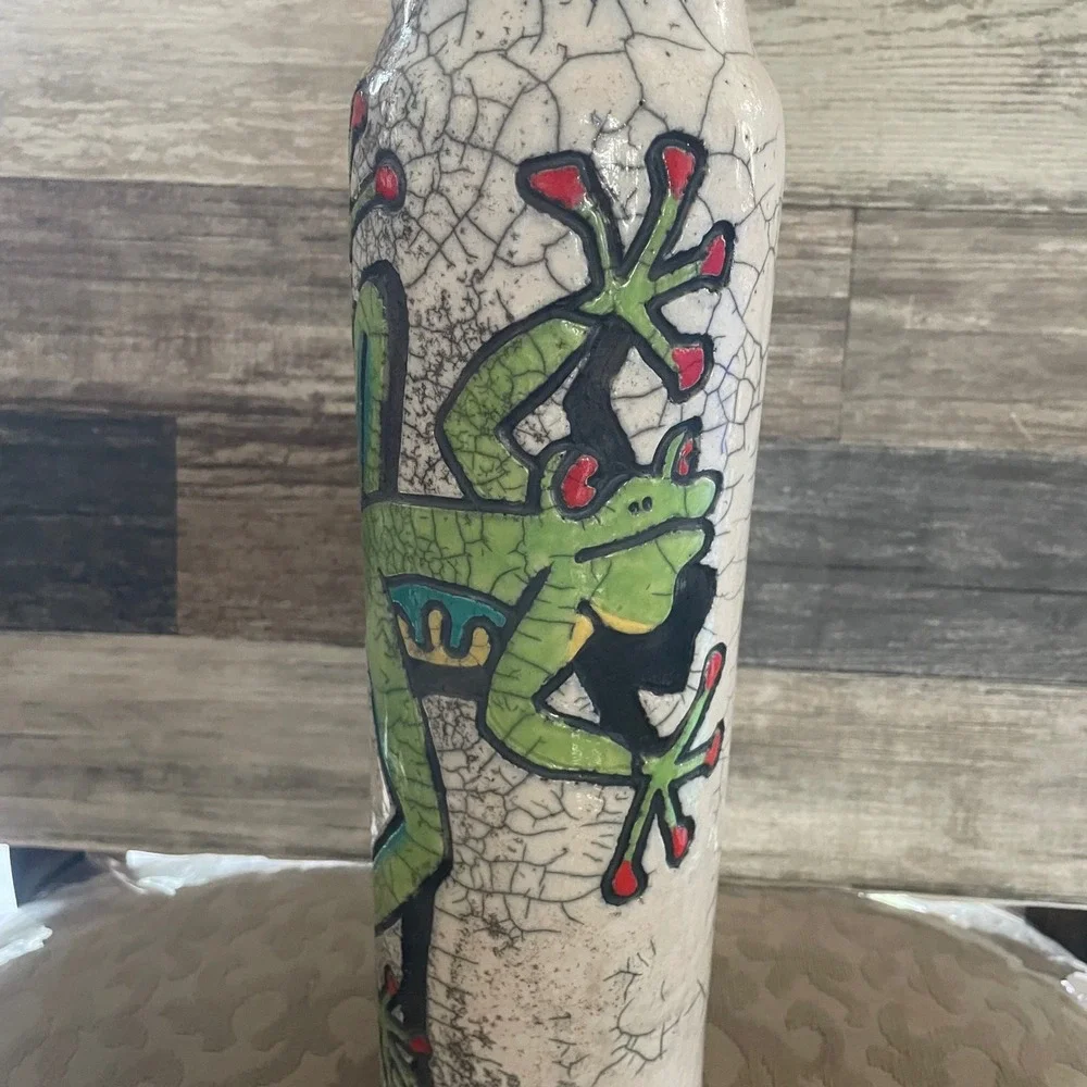 Artisan Raku Pottery Frog Vase Signed Hand Painted Crackle Glaze Ceramic 10 Inch